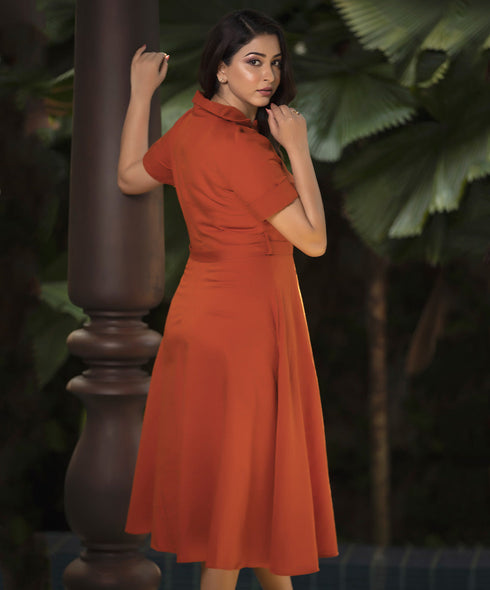 Orange Lapel Detailed Front Buttoned Dress